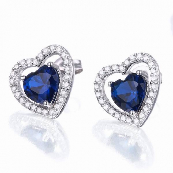 Heart Blue CZ Stud Earrings in 925 Silver